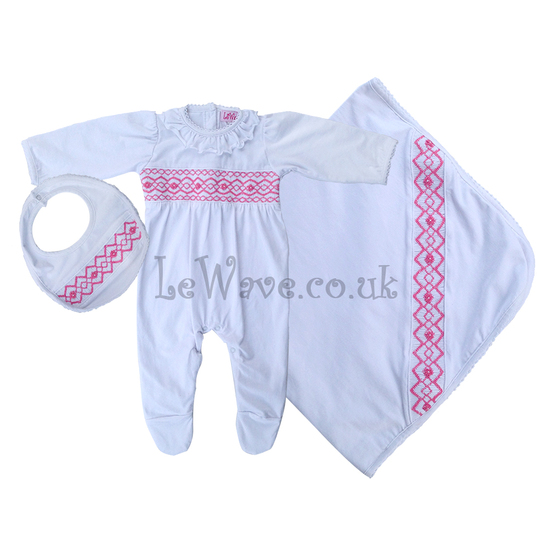 White hand smocked baby grows set for babies - LN 011