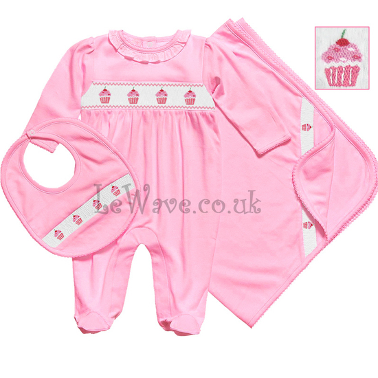 Pink hand smocked baby grows set for babies - LN 012