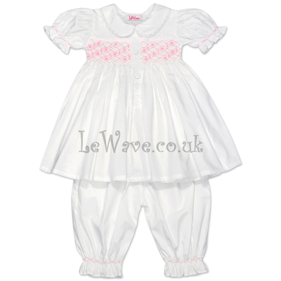 White geometric and flower smocked pajamas for baby - LP 019