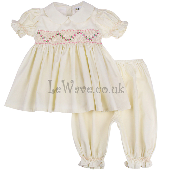 Cream flower smocked pajamas for little girls - LP 021
