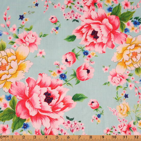 F51 - Hot pink peony printed 4.0 on mint pique fabric