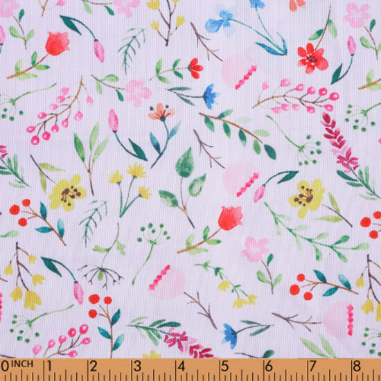 F53 - medium colorful wildflower printed 4.0 on white pique fabric