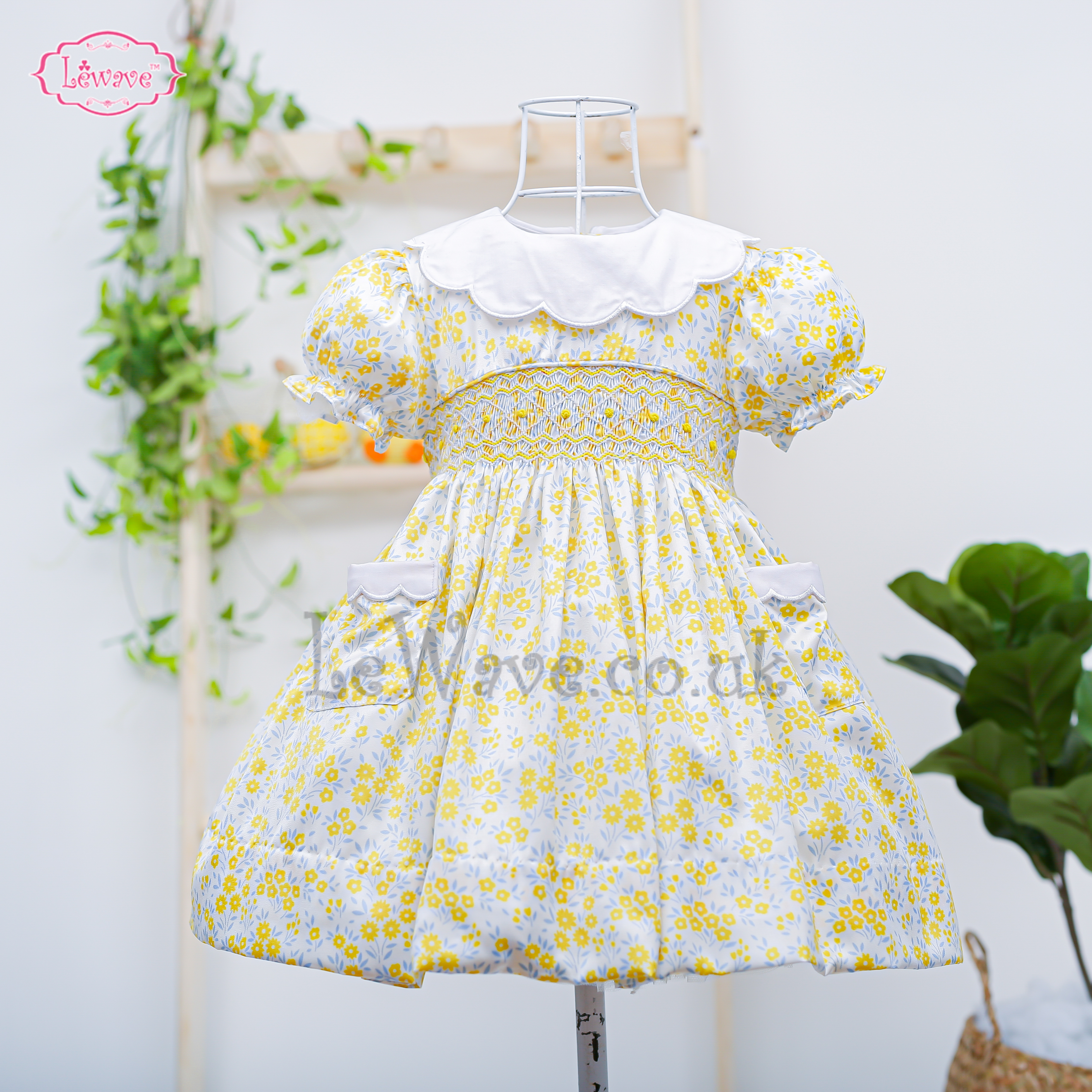Lovely yellow floral little girls satin smocked dress - LD 415