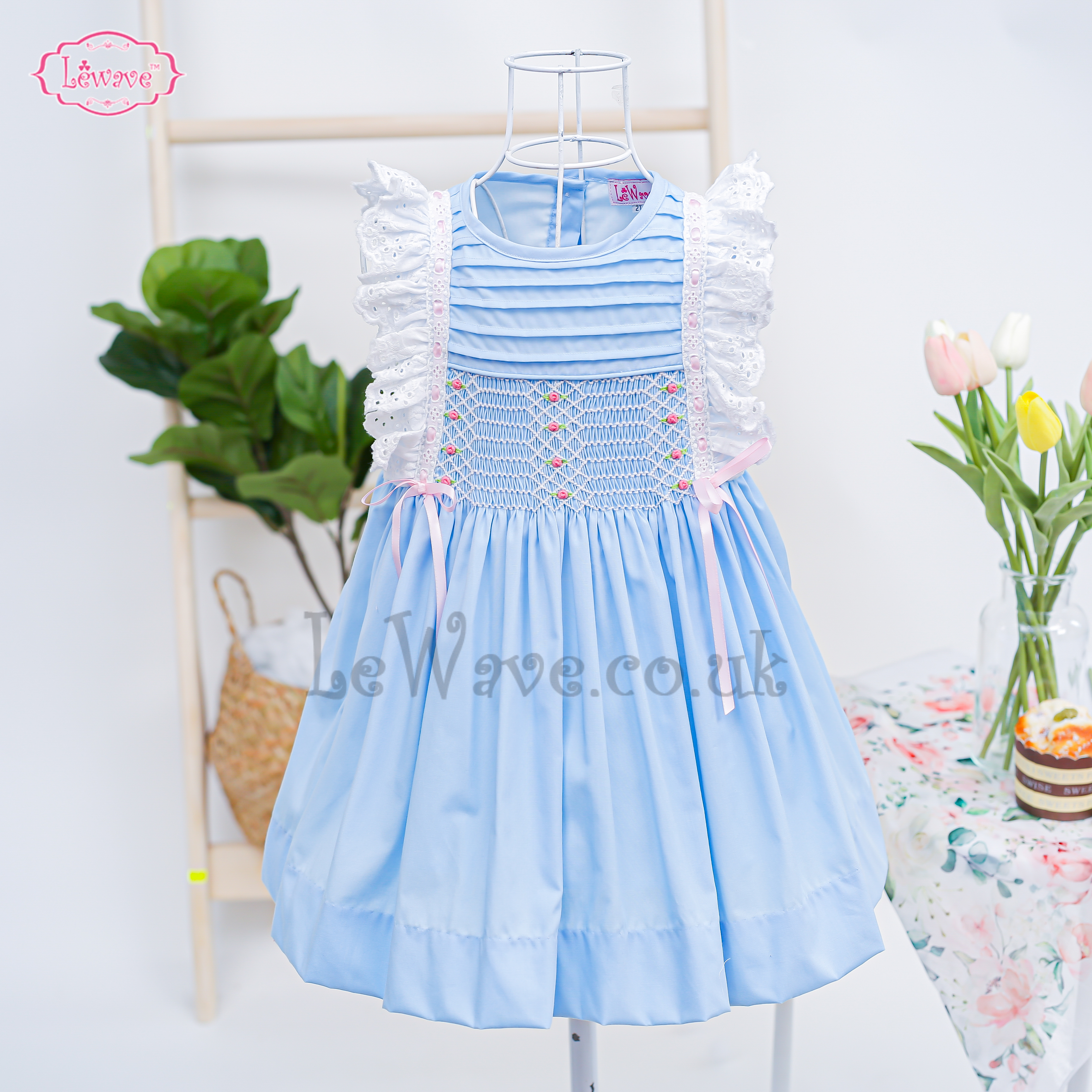 Lovely little girl laces pintuck blue dress - LD 434