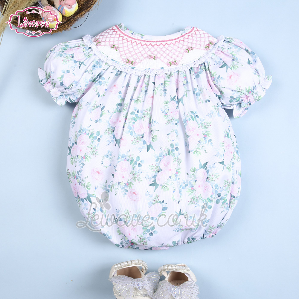 Lovely geometric floral smocked bubble for baby girl - LQ 39 