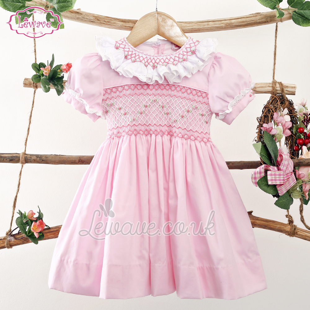 Lovely little girls pink laced and smocked dress - LD 421