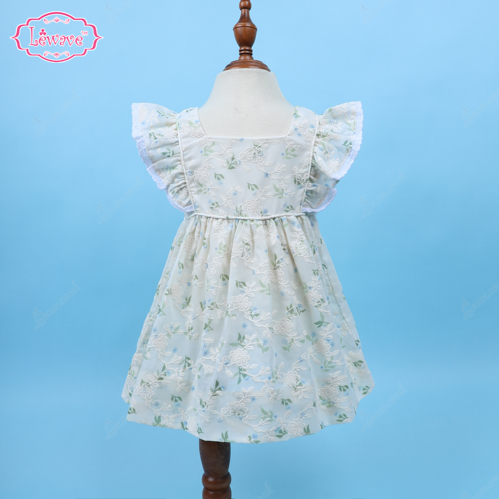 Plain Dress White Small Blue On Green Floral For Girl - LD469