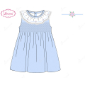 honeycomb-smocking--dress-in-blue-embroidery-pink-flowers-for-girl---ld477