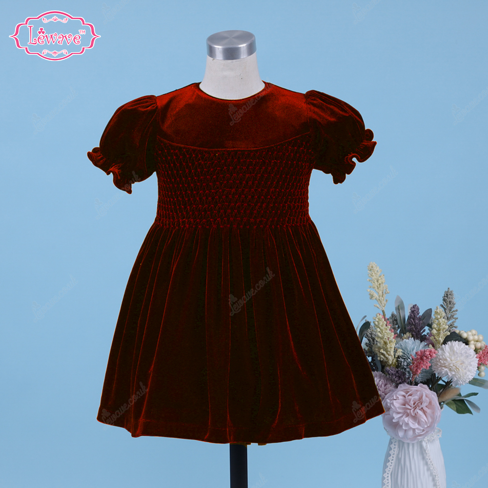 Honeycomb Smocked Dress Red Velvet For Girl - LD517