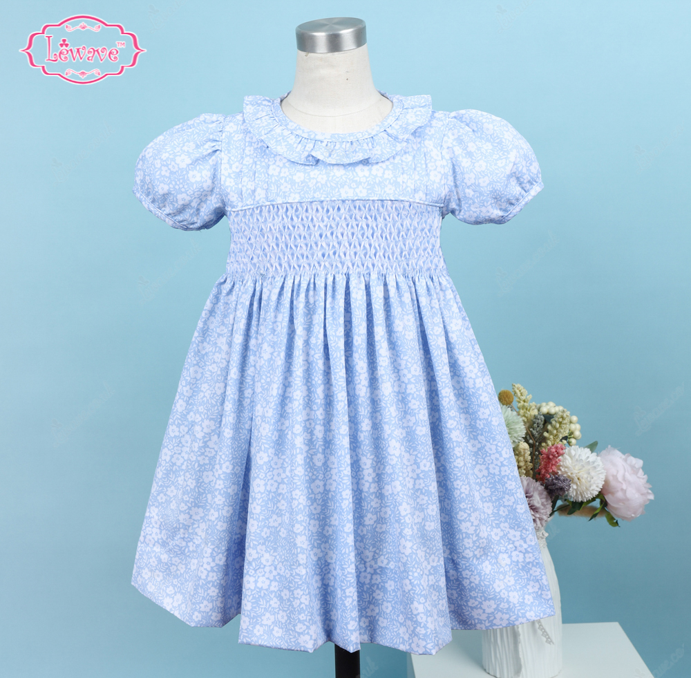 Honeycomb Smocked Belted Dress White Floral On Blue For Girl - LD522