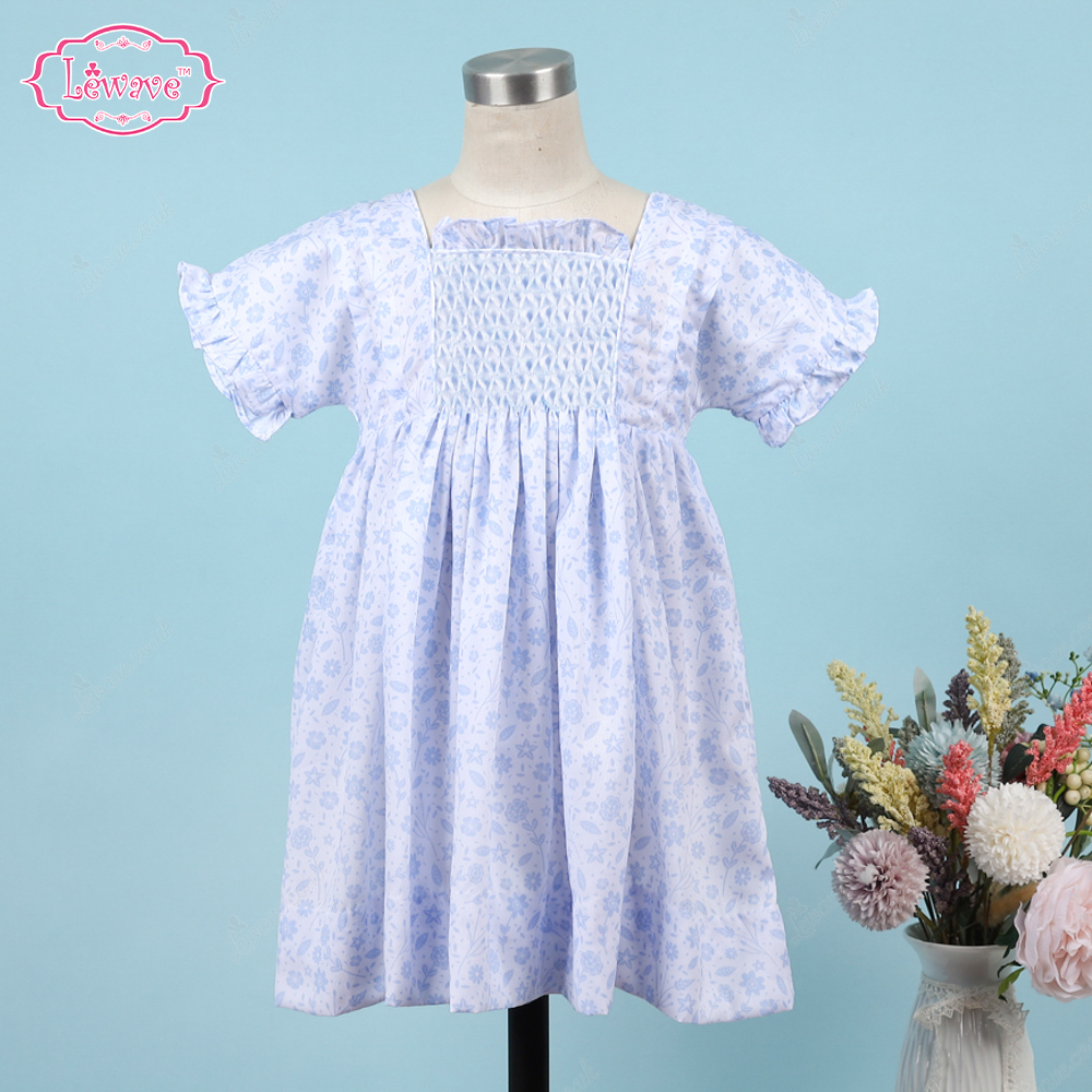 Honeycomb Smocked Dress White Floral On Blue For Girl - LD524