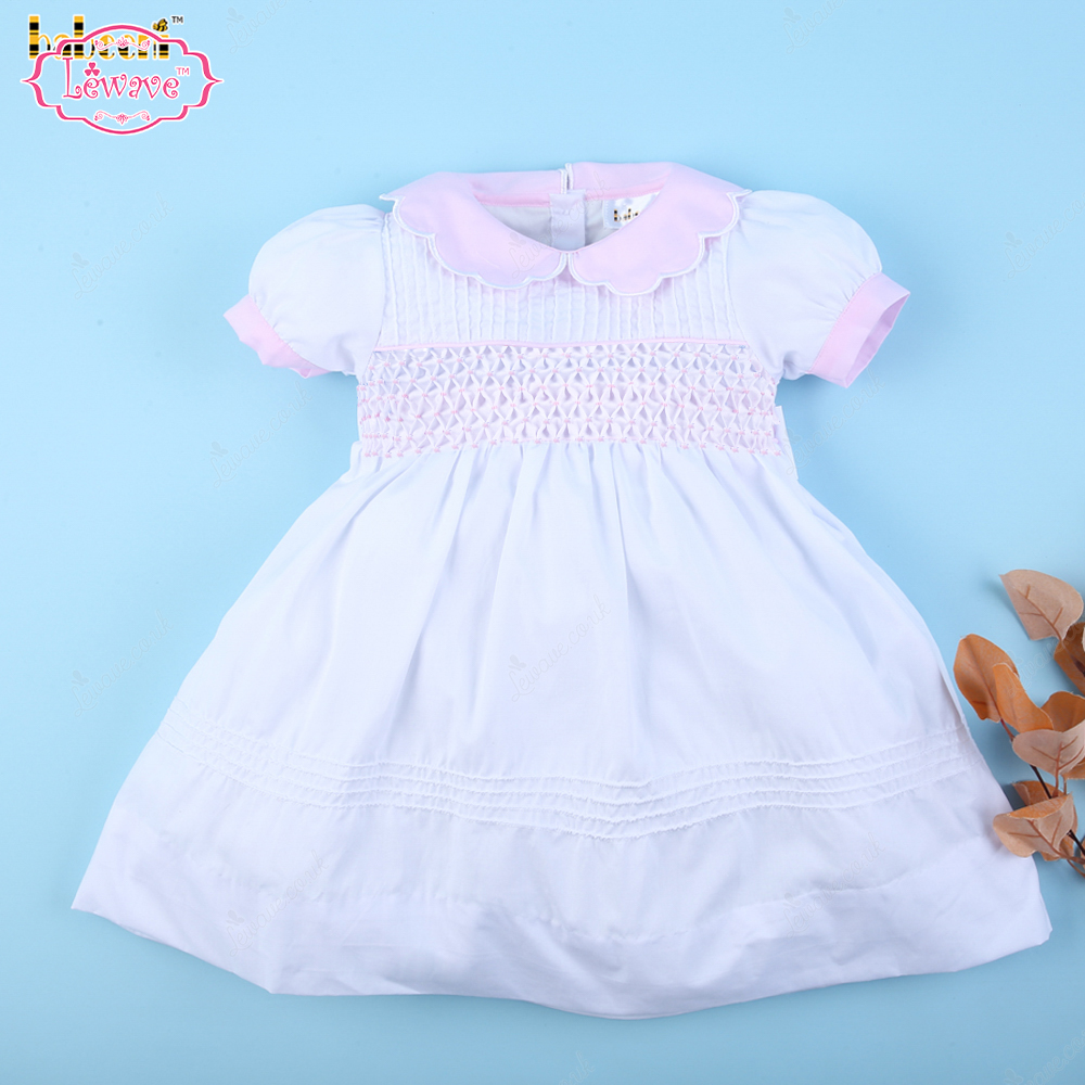 Honeycomb Smocked Dress In White And Pink Accent For Girl - LD528