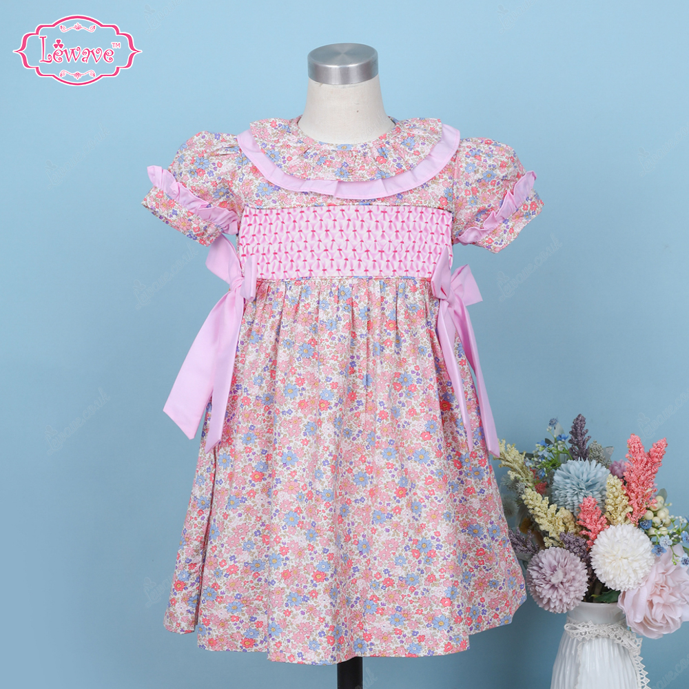 Honeycomb Smocked Dress Pink And 2 Bows For Girl - LD530