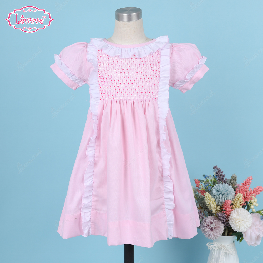 Honeycomb Smocked Dress Light Pink And Lace Line Accent For Girl - LD533